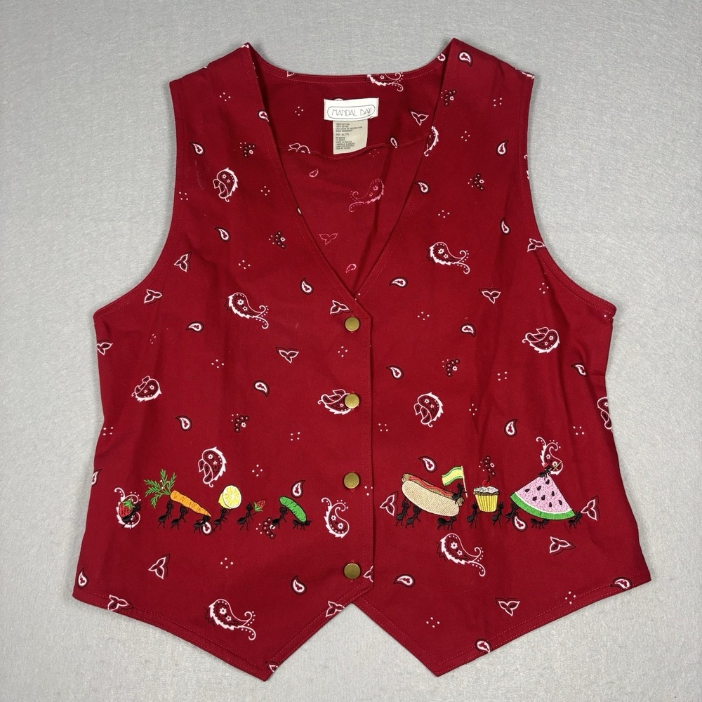 Vintage Mandal Bay Vintage Ant Picnic Embroidered Vest Tie Back Red Sz XL Cotton